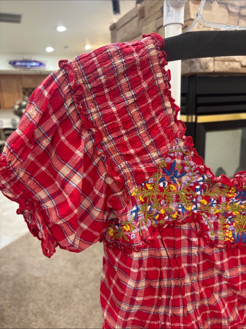 Free People Red Plaid Embroidered Smocked Top - Picture 2 of 4